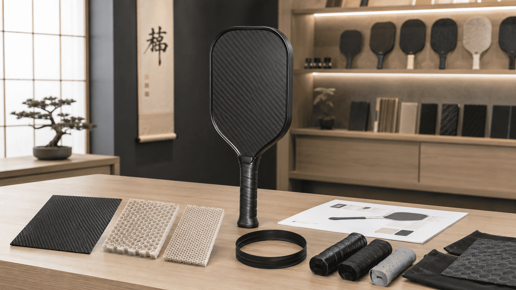 Japan-spec 16mm carbon fiber pickleball paddle with T700 face, medium-density PP core, edge guard, and grip options