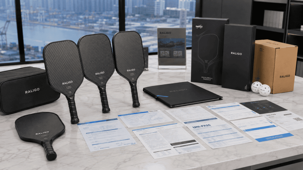 Carbon fiber pickleball paddles prepared for South Korea import with UNI-PASS documents, Korean labeling, and OEM packaging