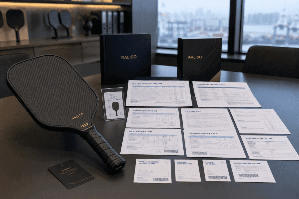 Korean Import Compliance and Labeling for Pickleball Paddles South Korea import compliance for carbon fiber pickleball paddles with UNI-PASS documents, Korean labels, and importer identification