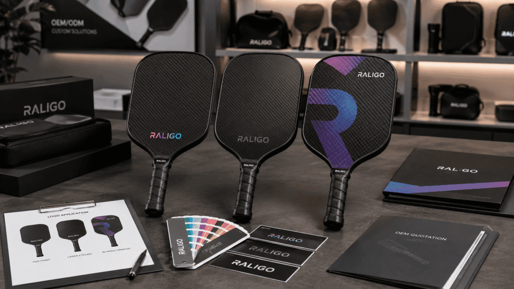 Three carbon fiber pickleball paddles showing OEM logo customization with pad printing, laser etching, and in-mold graphics