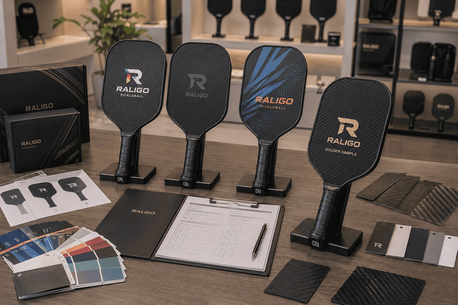 OEM branded pickleball paddle sample review with logo options, color swatches, packaging mockups, and buyer approval materials