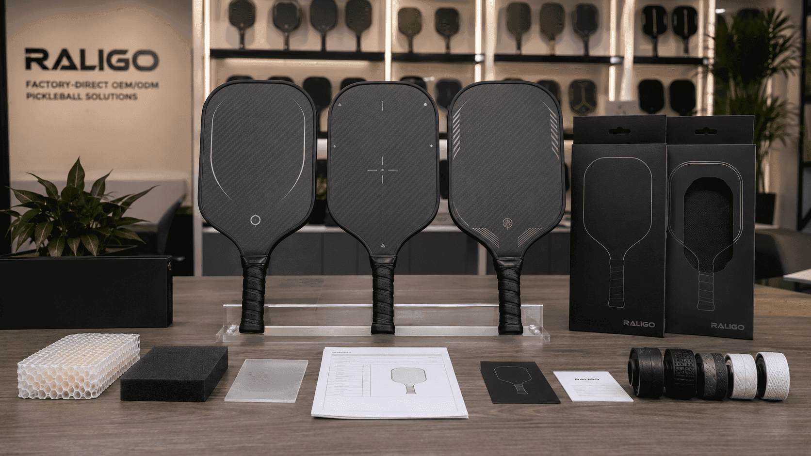 OEM review of cushioned pickleball paddle samples with core density, damping layer, and product specification options