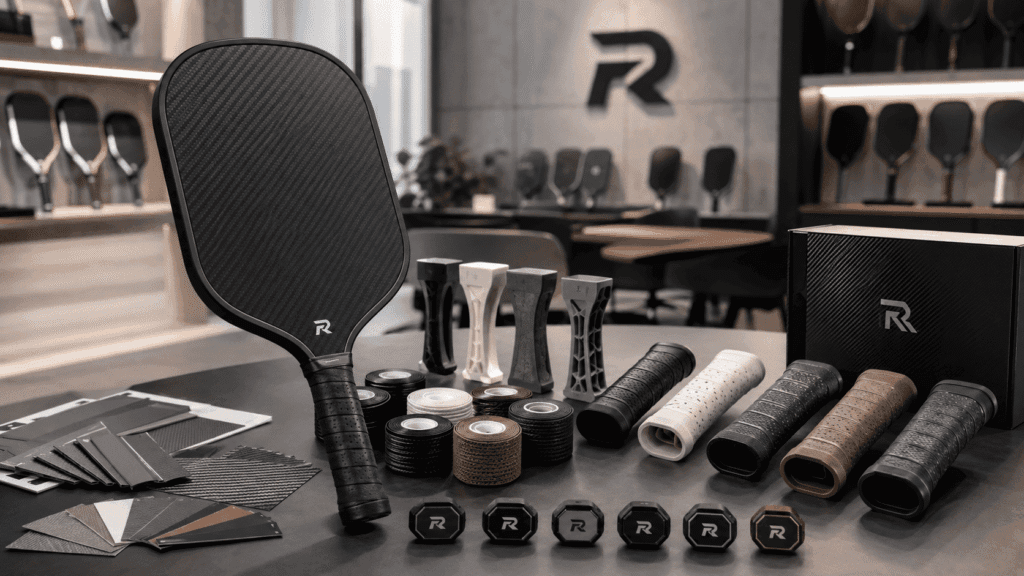 Pickleball paddle grip size and handle ergonomic options showing different circumferences, lengths, and grip textures