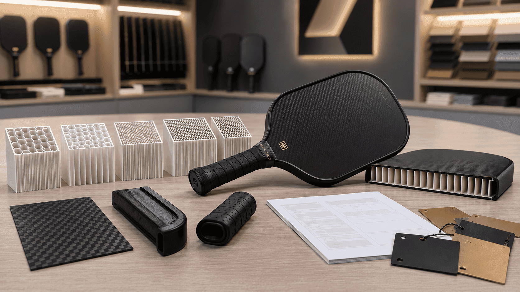 OEM review of pickleball paddle honeycomb core specifications including cell size, wall thickness, density, and golden sample approval