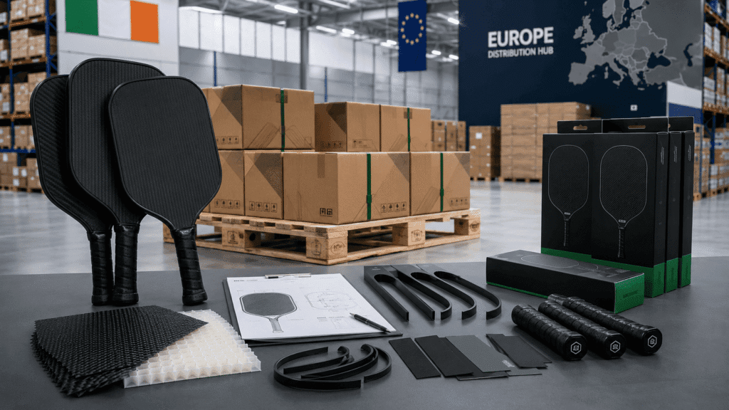 OEM Pickleball Paddle Supply Chain from Factory to European Warehouse OEM carbon fiber pickleball paddles prepared for shipment and warehouse distribution across Ireland and the EU