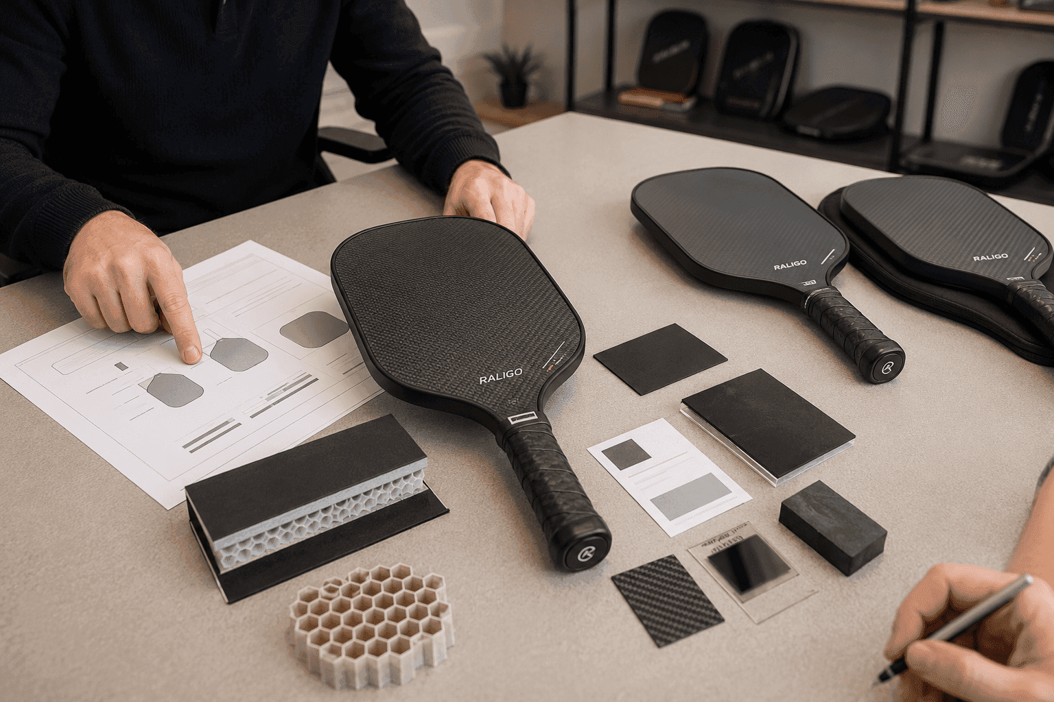 OEM buyer reviewing quiet paddle samples with damping materials, cut sections, and product specification sheets
