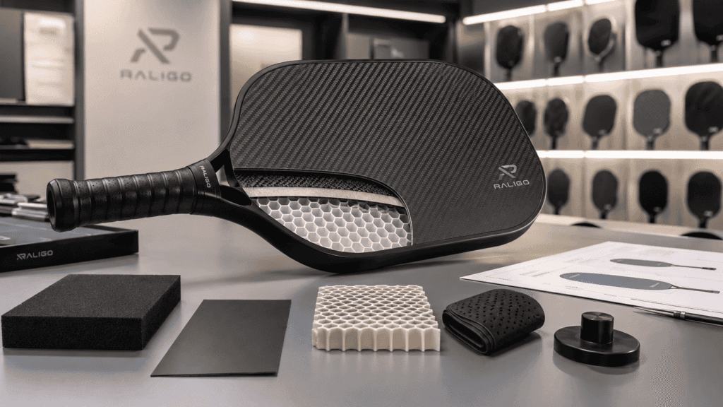 Carbon fiber pickleball paddle with core and damping layer samples for cushioning and shock absorption product development