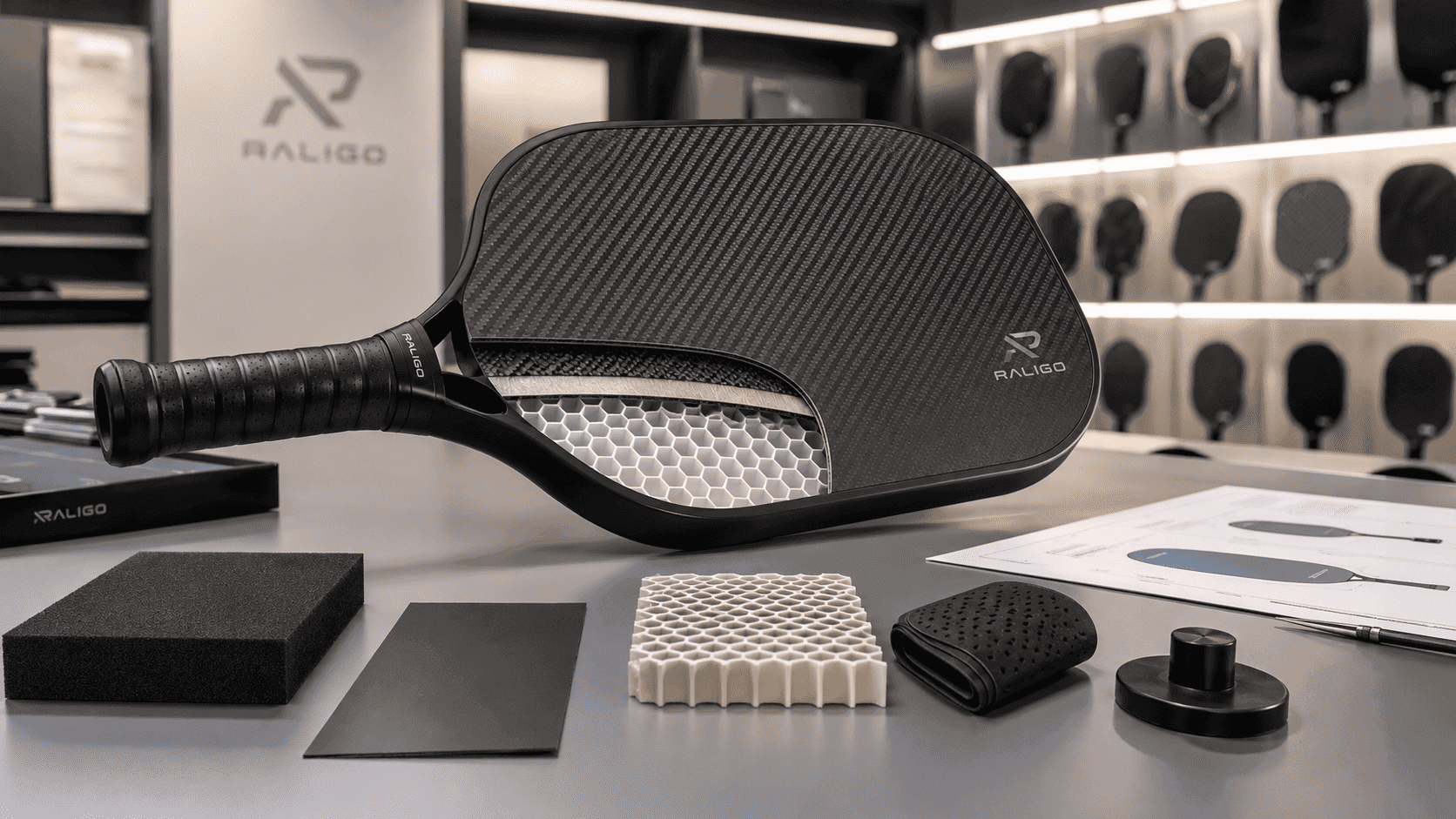 Carbon fiber pickleball paddle with core and damping layer samples for cushioning and shock absorption product development