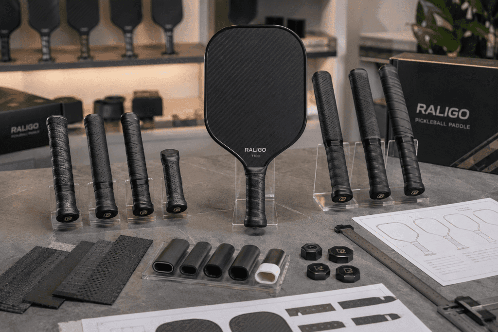 OEM customization of pickleball paddle grips and handles with material options, handle shapes, and private-label product development