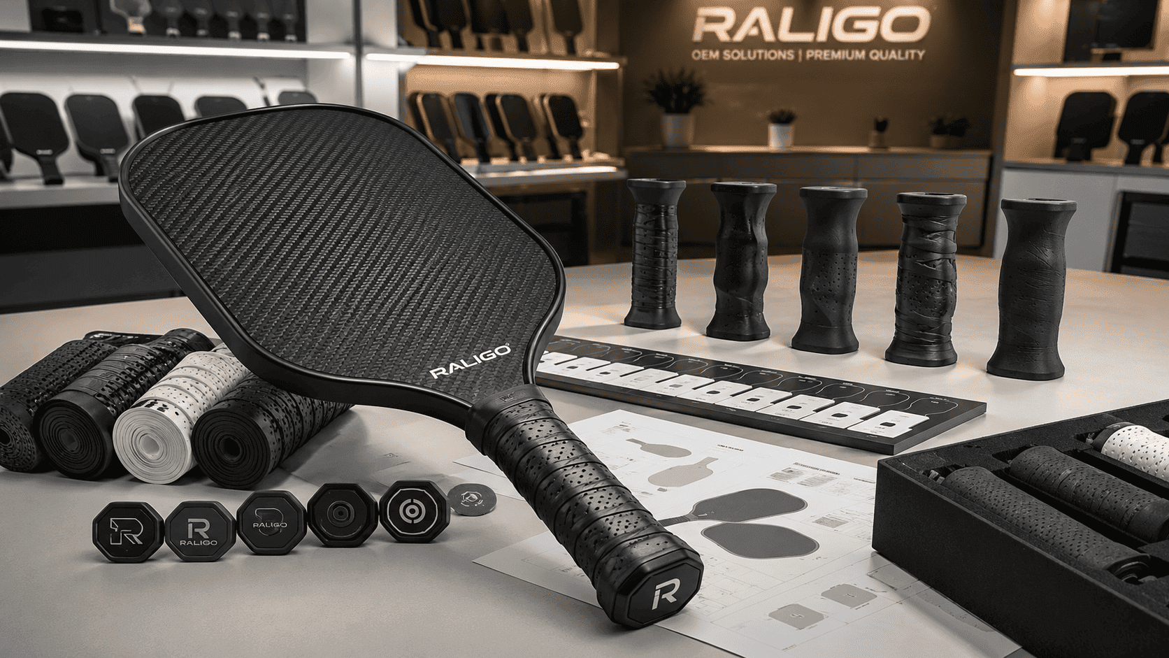 Carbon fiber pickleball paddle with ergonomic grip and handle design samples for OEM product development