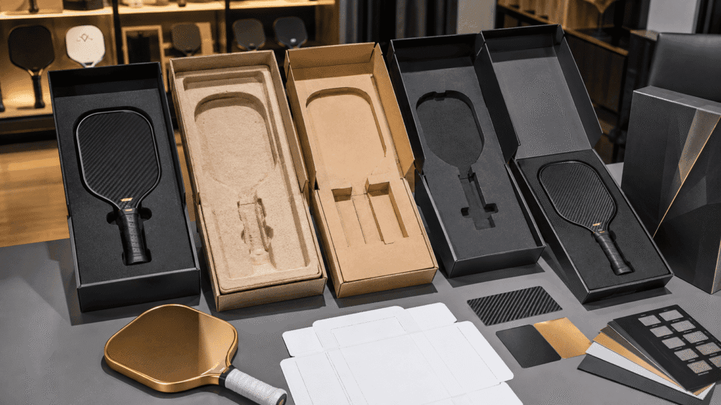 Pickleball Paddle Packaging Insert and Box Protection Design Pickleball paddle packaging insert options including EVA foam, molded pulp, and die-cut cardboard for face and edge protection