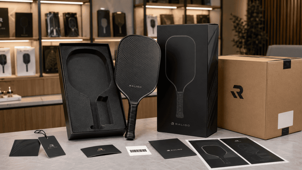 Retail-ready carbon fiber pickleball paddle packaging with EVA insert, branded retail box, and master carton for private label brands