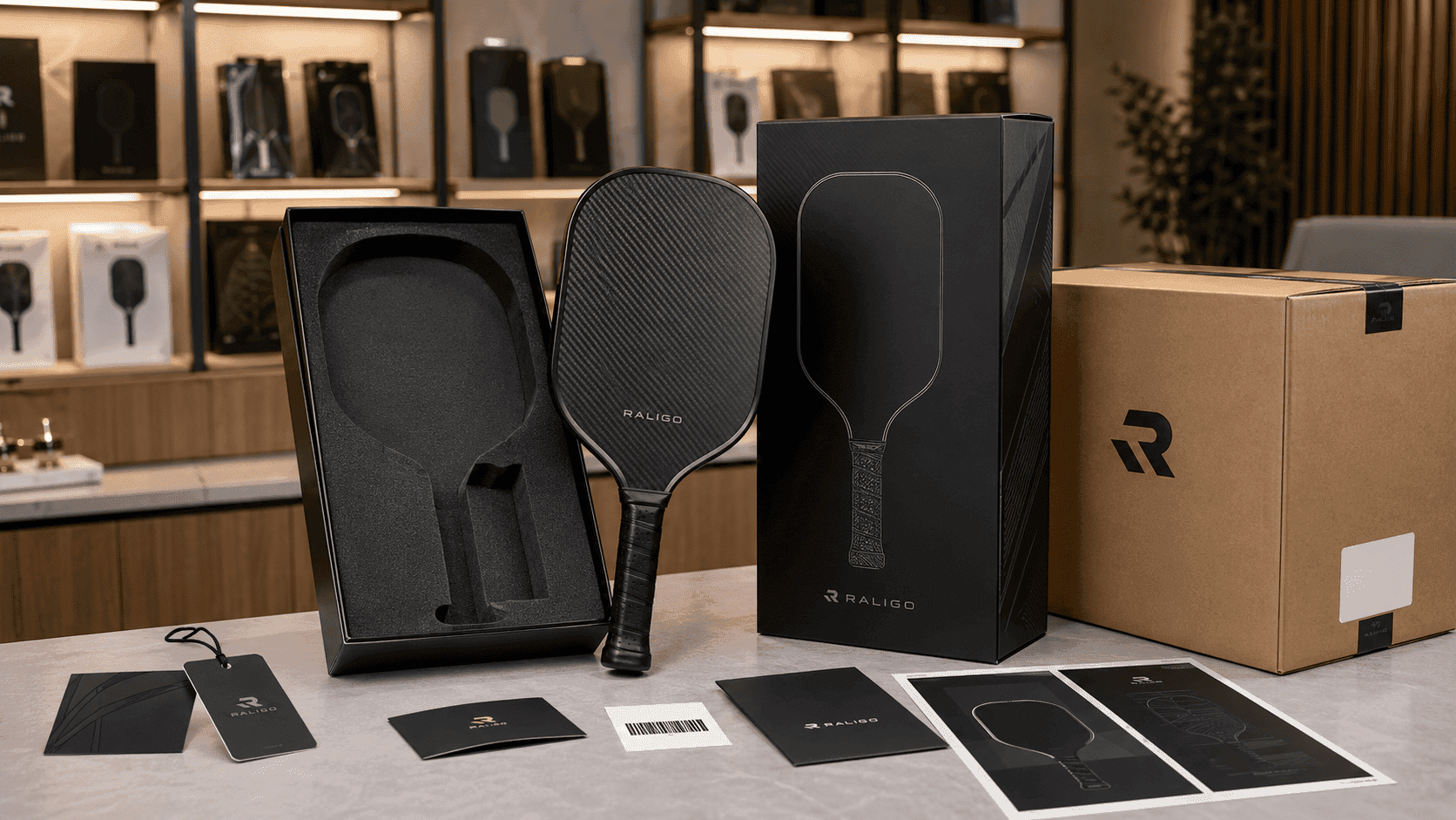 Retail-ready carbon fiber pickleball paddle packaging with EVA insert, branded retail box, and master carton for private label brands