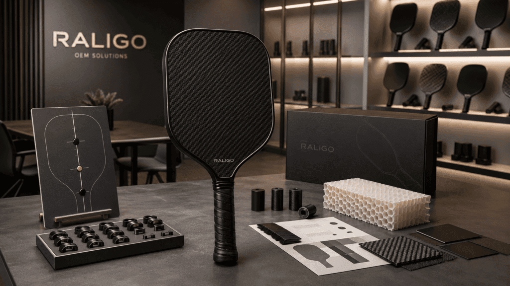 Carbon fiber pickleball paddle displayed with balance-point board, perimeter weighting pieces, and handle counterbalance samples for swing weight development