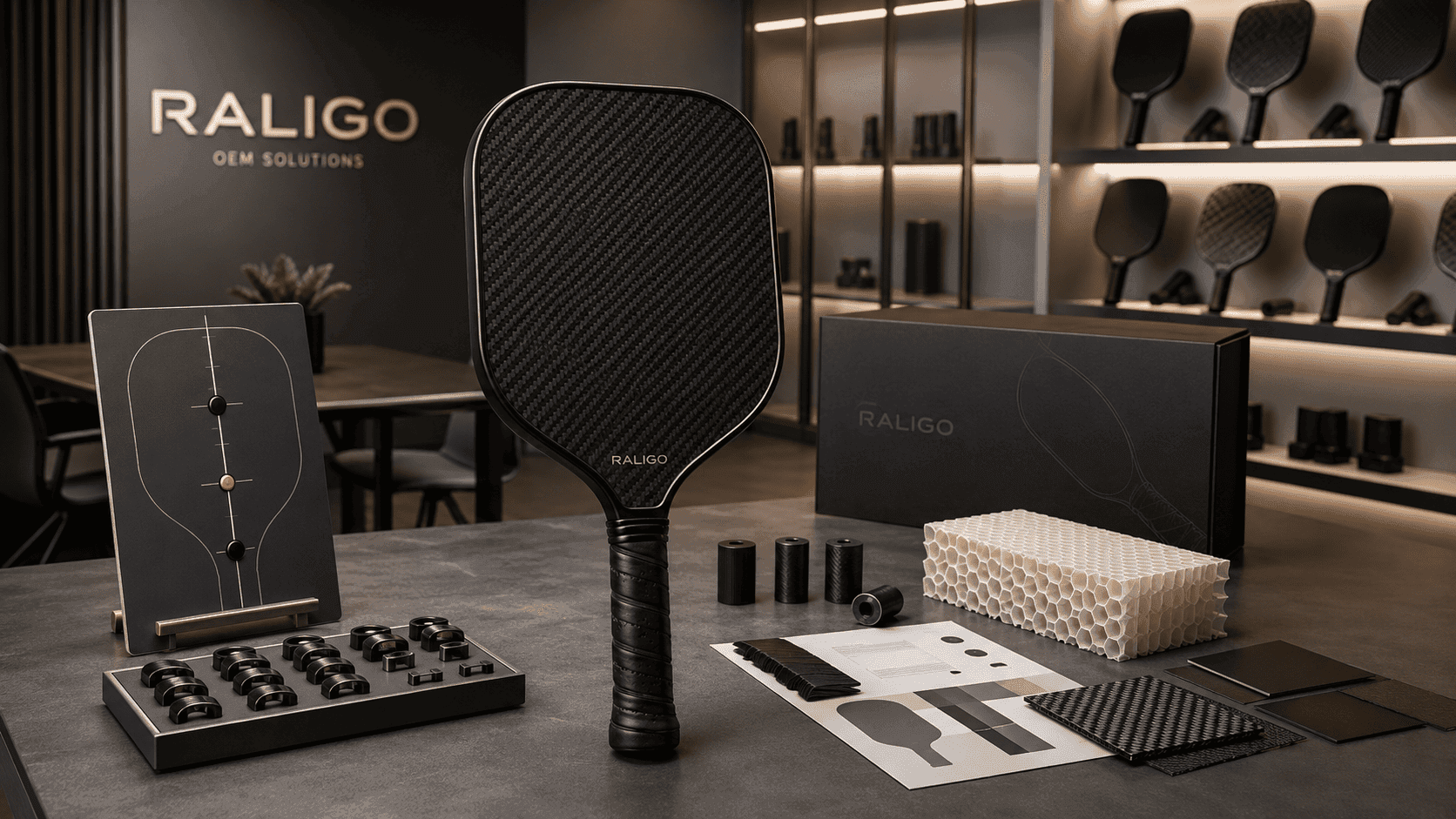 Carbon fiber pickleball paddle displayed with balance-point board, perimeter weighting pieces, and handle counterbalance samples for swing weight development