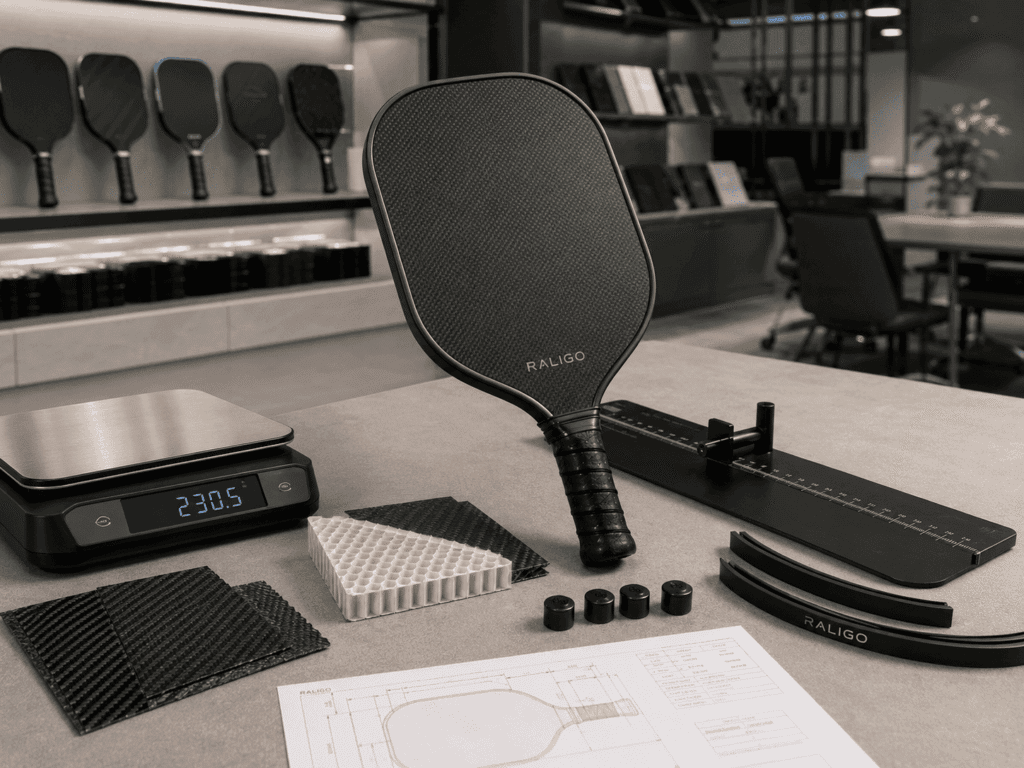 Pickleball Paddle Weight and Balance Distribution Engineering Carbon fiber pickleball paddle displayed with scale, balance board, and OEM weight distribution development materials