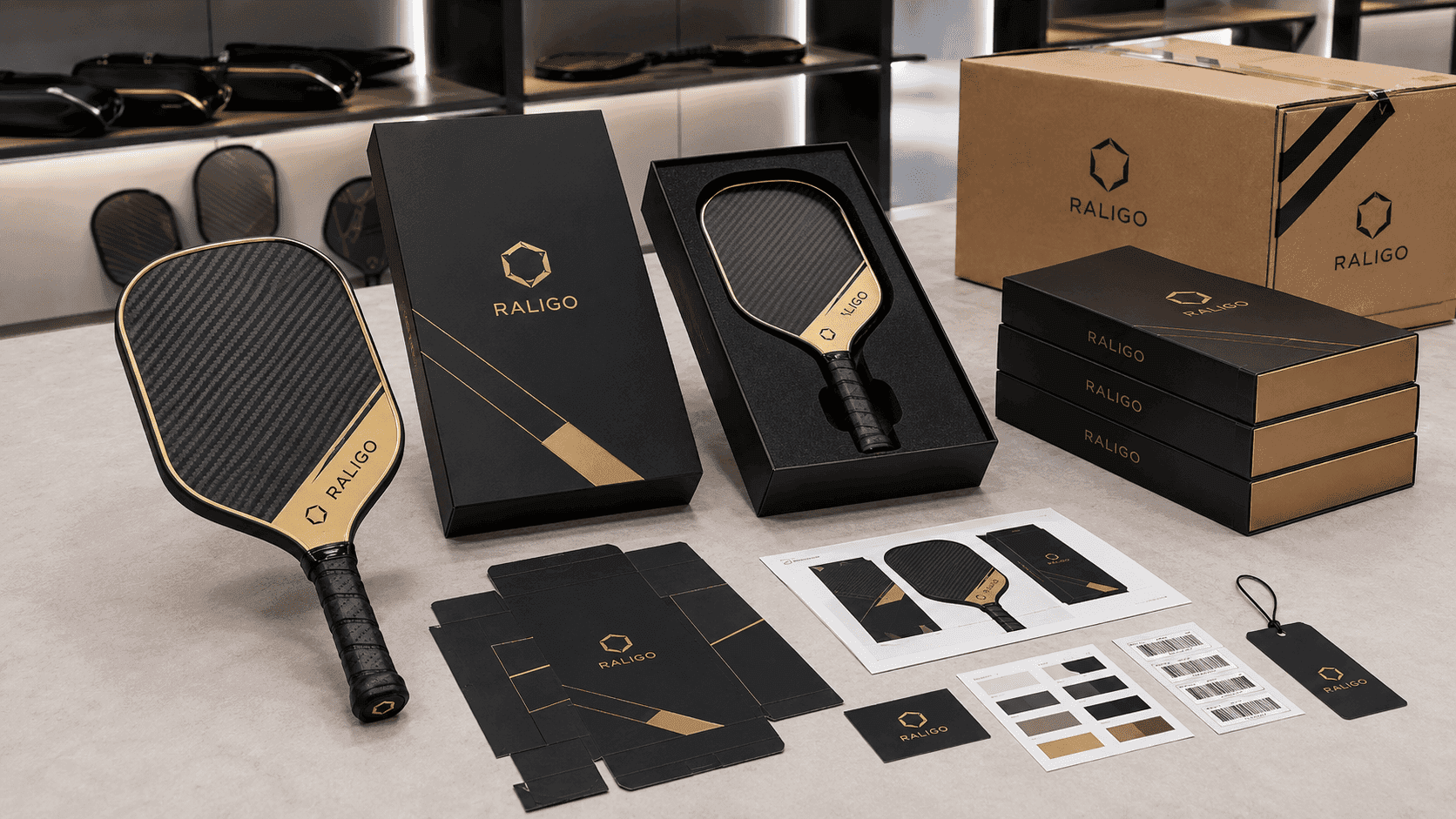 Private label pickleball paddle packaging approval with golden sample, dieline, artwork, EVA insert, barcode, and retail-ready box
