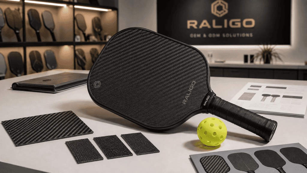 Carbon fiber pickleball paddle with engineered surface texture displayed for USAPA-compliant spin performance development