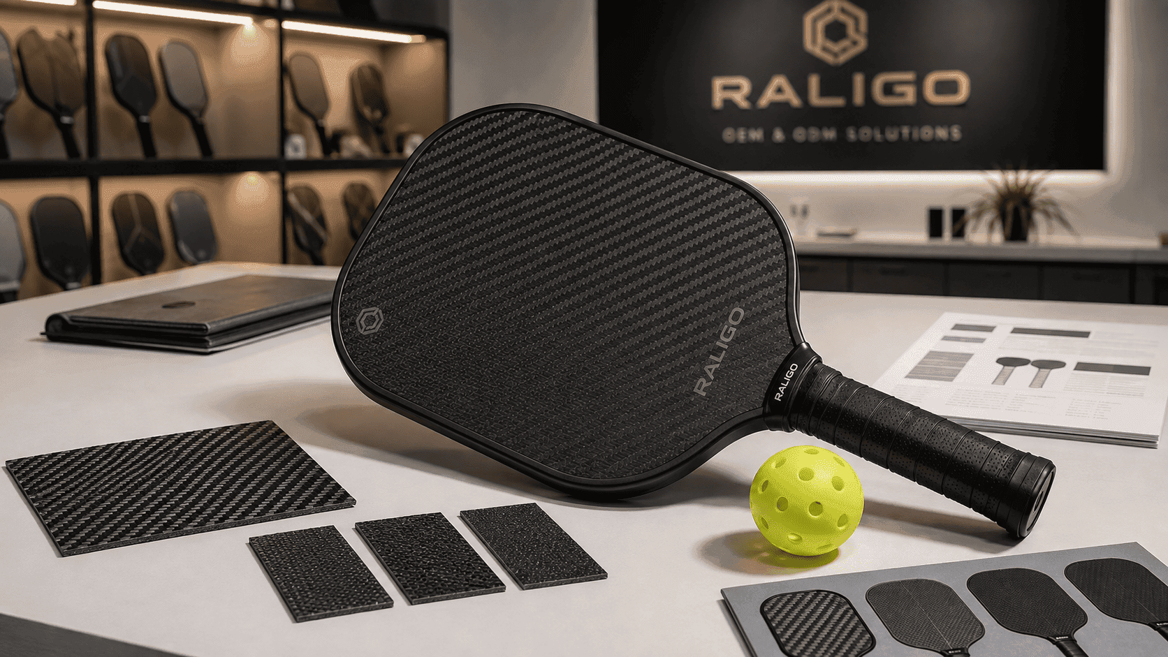 Carbon fiber pickleball paddle with engineered surface texture displayed for USAPA-compliant spin performance development