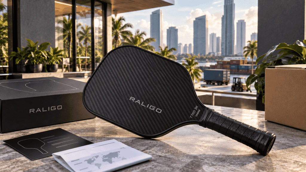 Carbon fiber pickleball paddle presented for Indonesia import and OEM sourcing in a modern tropical commercial setting