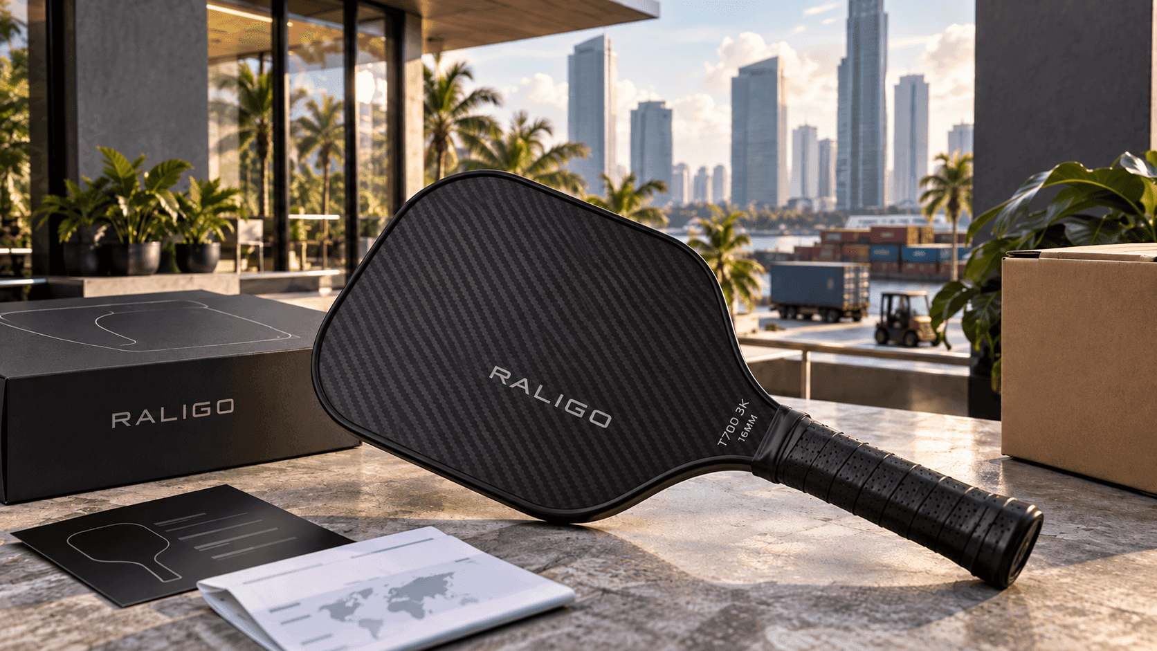 Carbon fiber pickleball paddle presented for Indonesia import and OEM sourcing in a modern tropical commercial setting