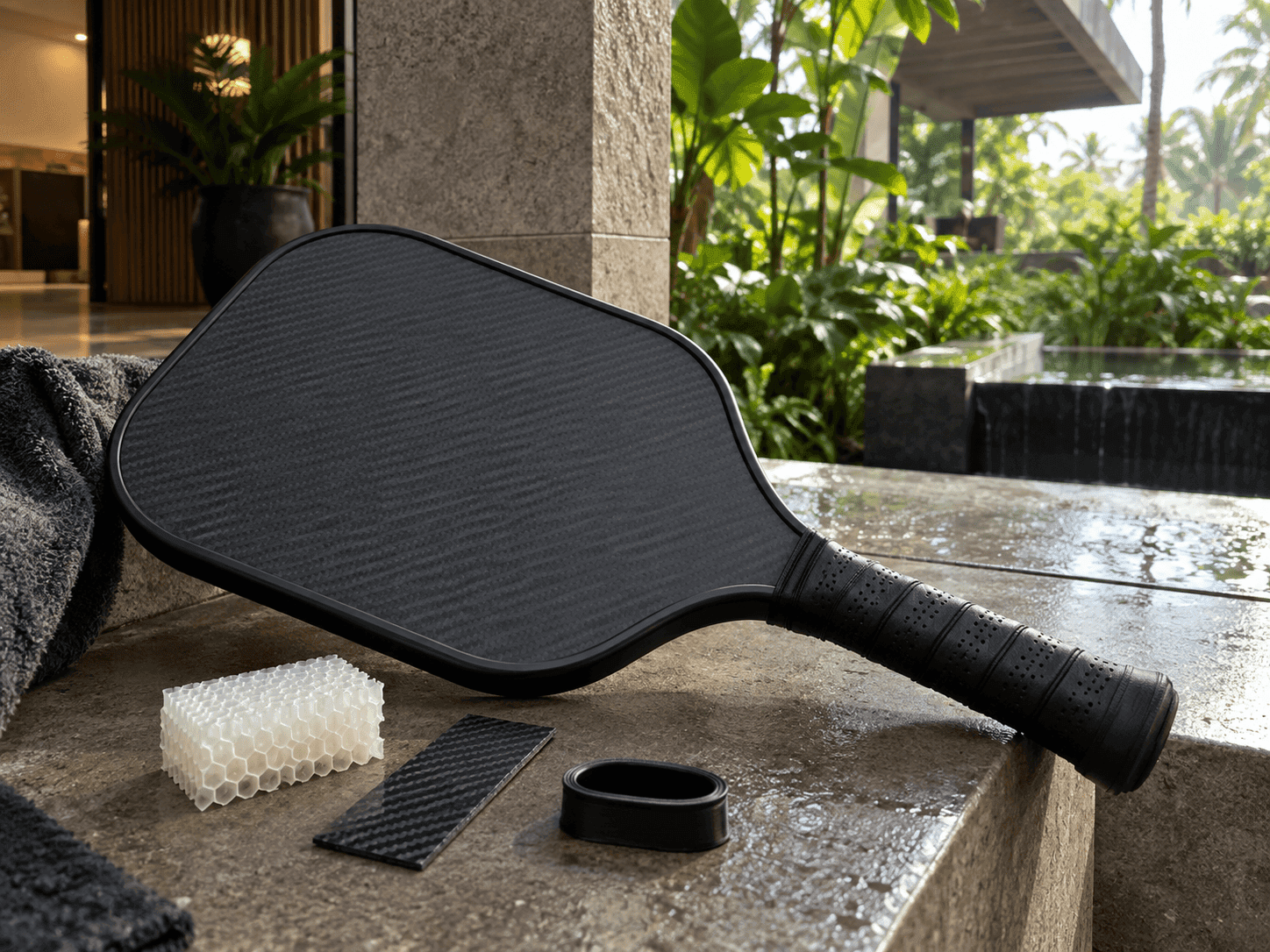 Indonesia-spec carbon fiber pickleball paddle with sealed edge, 16mm core, and T700 3K face for hot and humid conditions