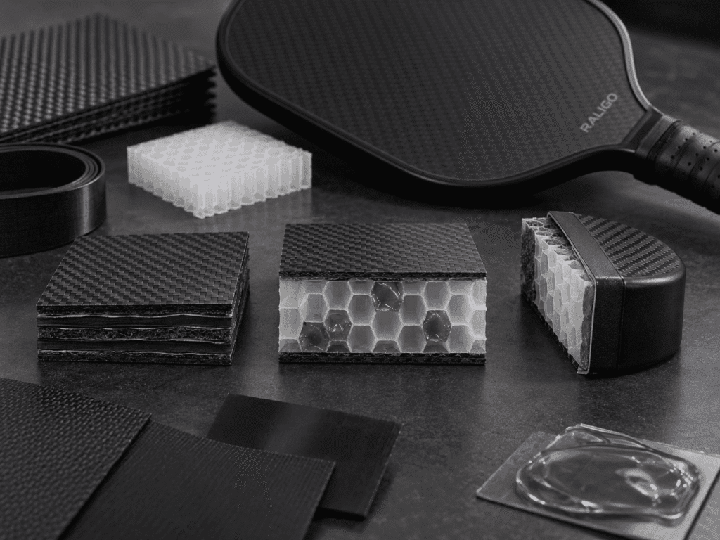 Kraibon Film vs Gel-Core vs Urethane Sidewall Damping Comparison of Kraibon-style rubber film, gel-core elastomer, and urethane sidewall damping structures in carbon fiber pickleball paddles