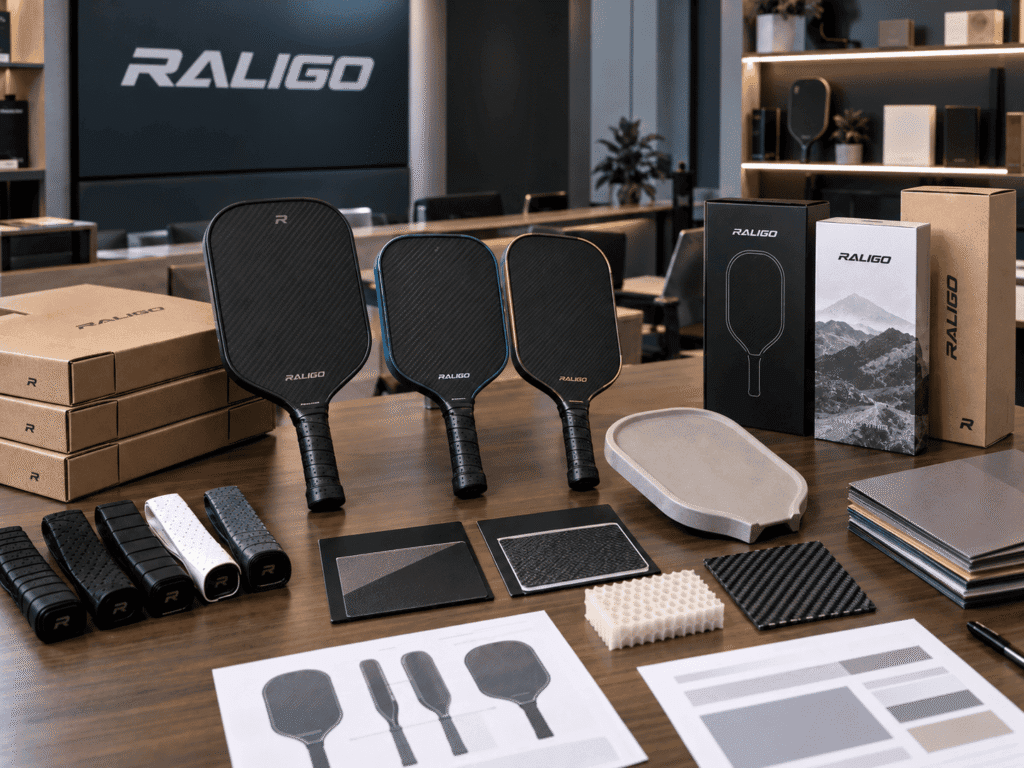 Custom pickleball paddle MOQ planning with mold options, packaging samples, color variants, and OEM setup materials