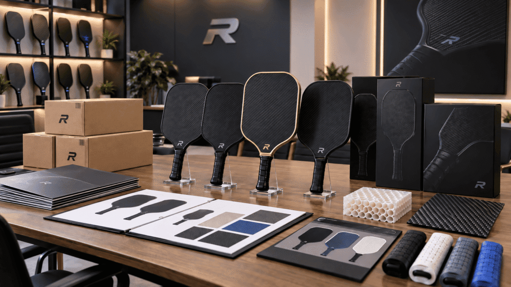 Custom carbon fiber pickleball paddles, packaging, and bulk order materials displayed for e-commerce and channel OEM sourcing