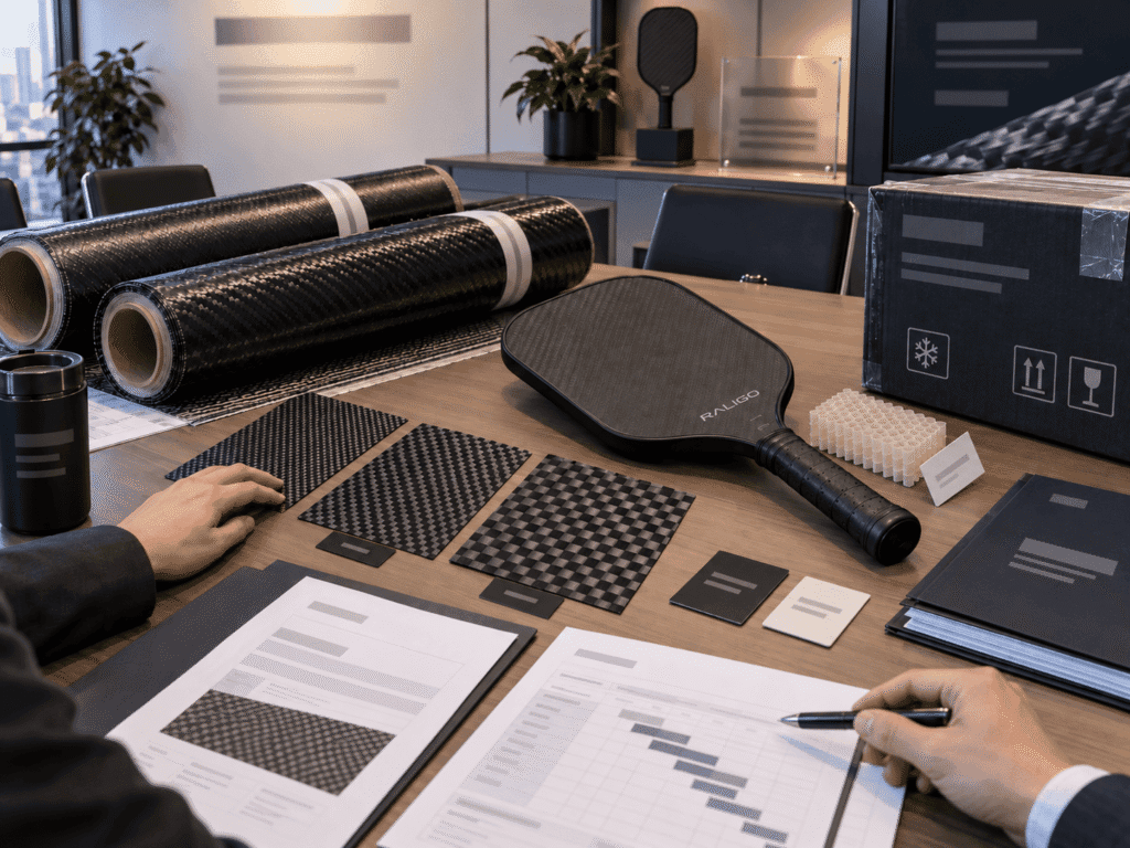 OEM Carbon Fiber Sheet Supplier Review and Purchase Planning OEM buyer reviewing carbon fiber prepreg sheet samples, supplier documents, COA paperwork, and procurement planning materials