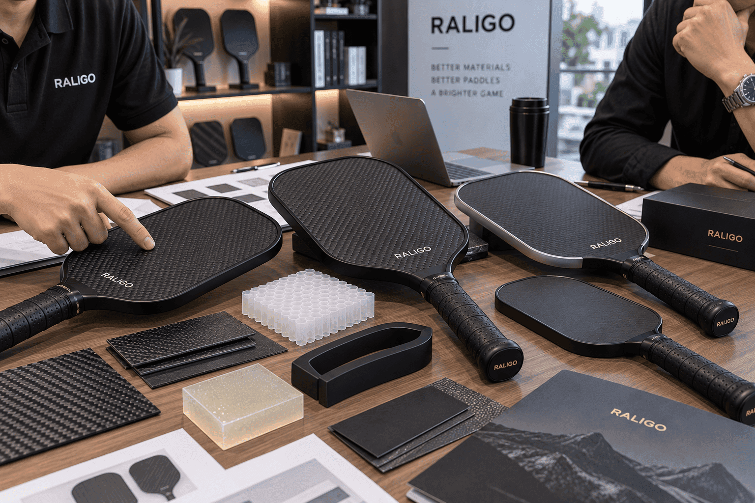 OEM buyer reviewing carbon fiber pickleball paddle damping materials, cutaway samples, and specification sheets for production approval