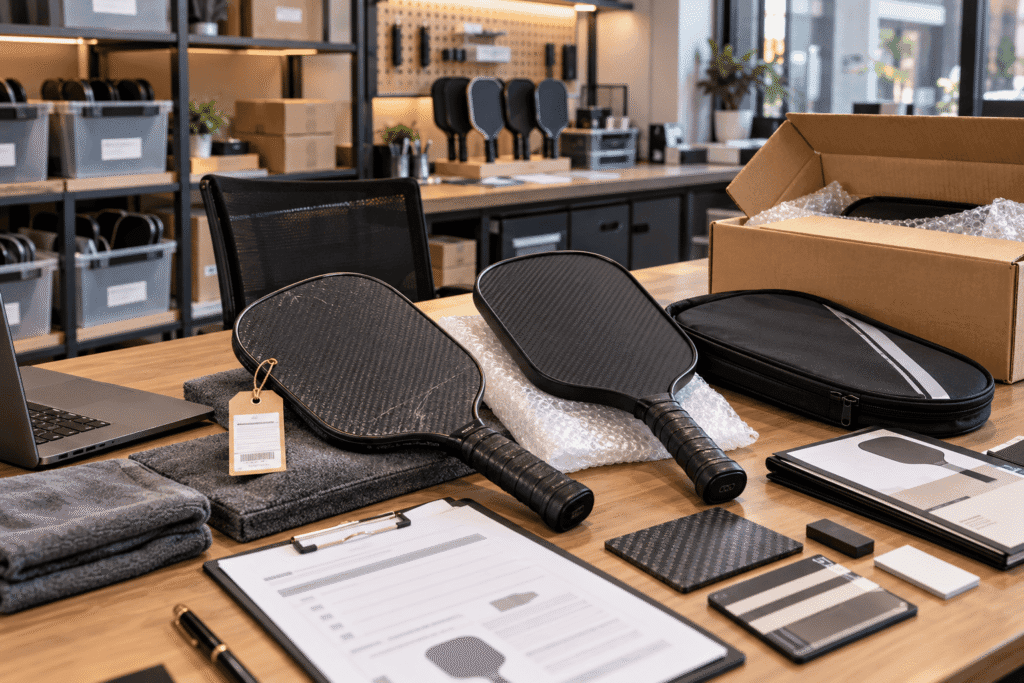 Pickleball Paddle After-Sales, Warranty, and Refurbishment Workflow Returned and replacement carbon fiber pickleball paddles shown with warranty and RMA service materials in an after-sales operations setting