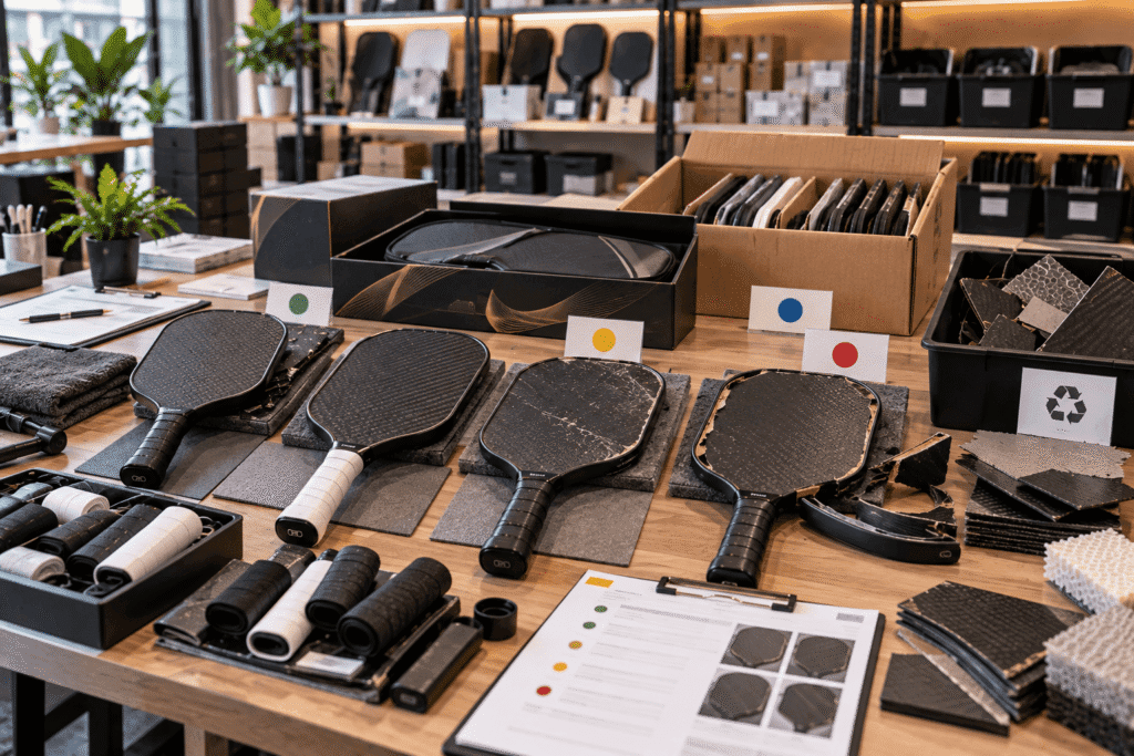 Pickleball Paddle Refurbishment, Grading, and Return Recovery Returned pickleball paddles sorted for refurbishment, factory-second grading, replacement stock, and recycling recovery