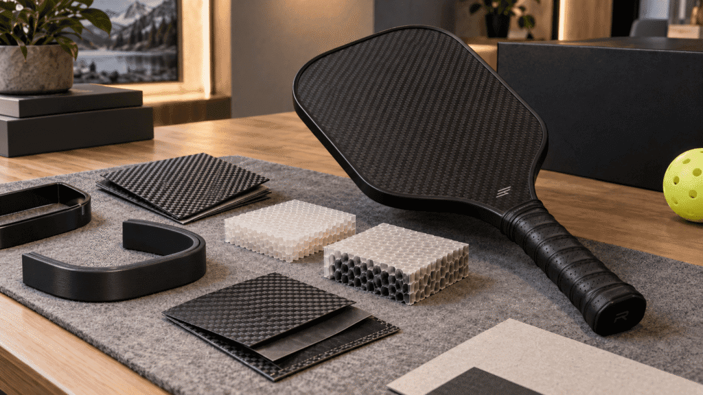 Quiet Paddle Acoustic Control Materials and Construction Carbon fiber paddle construction showing viscoelastic face film, gel-core treatment, and urethane edge materials for acoustic noise reduction