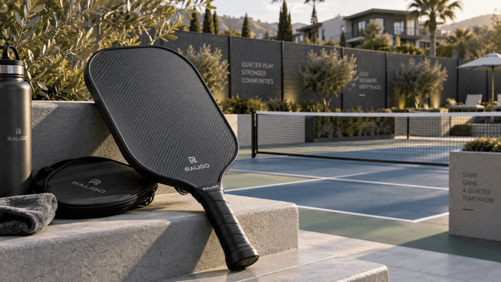 Quiet carbon fiber pickleball paddle shown at a community-friendly court with acoustic barriers for noise-sensitive venue use