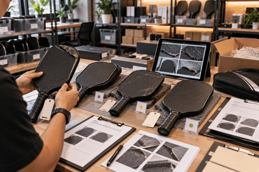 Returned pickleball paddles sorted by delamination, edge separation, and cosmetic wear for warranty claim review and RMA classification