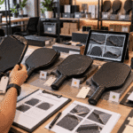 Returned pickleball paddles sorted by delamination, edge separation, and cosmetic wear for warranty claim review and RMA classification