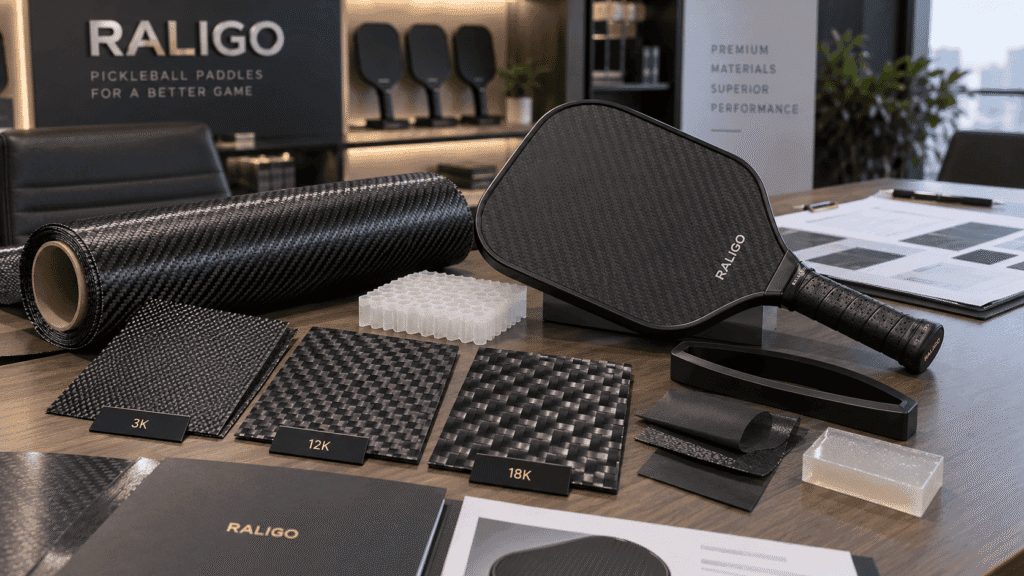 Raw carbon fiber prepreg sheet samples and a pickleball paddle displayed for OEM sourcing and material selection