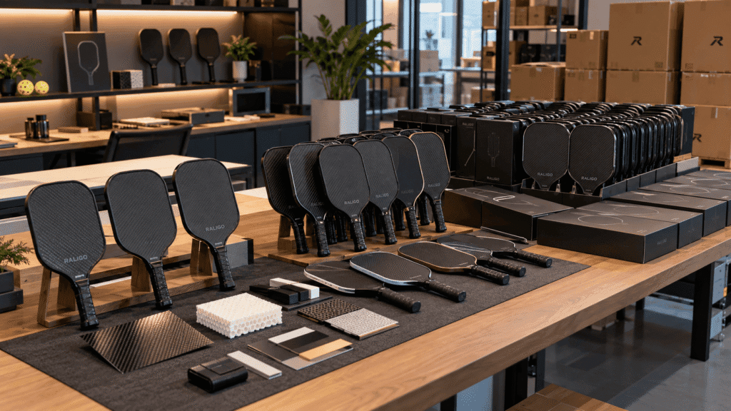 Sample, Trial, and Bulk Order Stages for Pickleball Paddle Brands Sample, pilot, and bulk production stages of a custom pickleball paddle order shown in one OEM sourcing scene