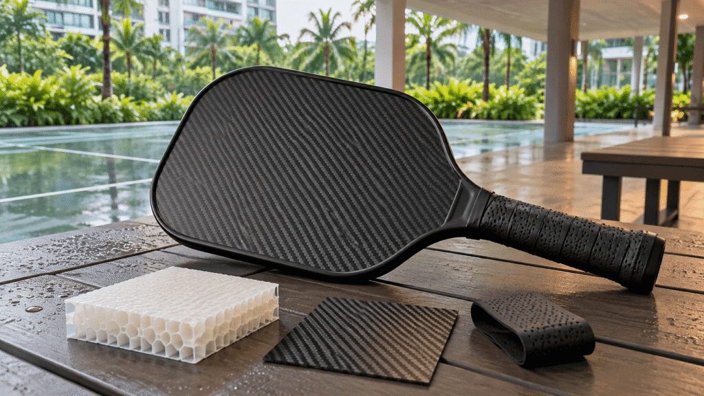 Singapore-Spec Carbon Fiber Paddle for Hot and Humid Conditions Carbon fiber pickleball paddle presented for Singapore import and wholesale sourcing in a modern tropical urban setting