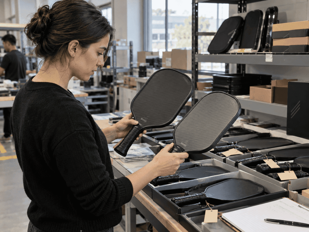 Factory quality inspector measuring carbon fiber pickleball paddle thickness and checking finished paddles for OEM batch consistency