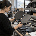 Factory quality inspector measuring carbon fiber pickleball paddle thickness and checking finished paddles for OEM batch consistency