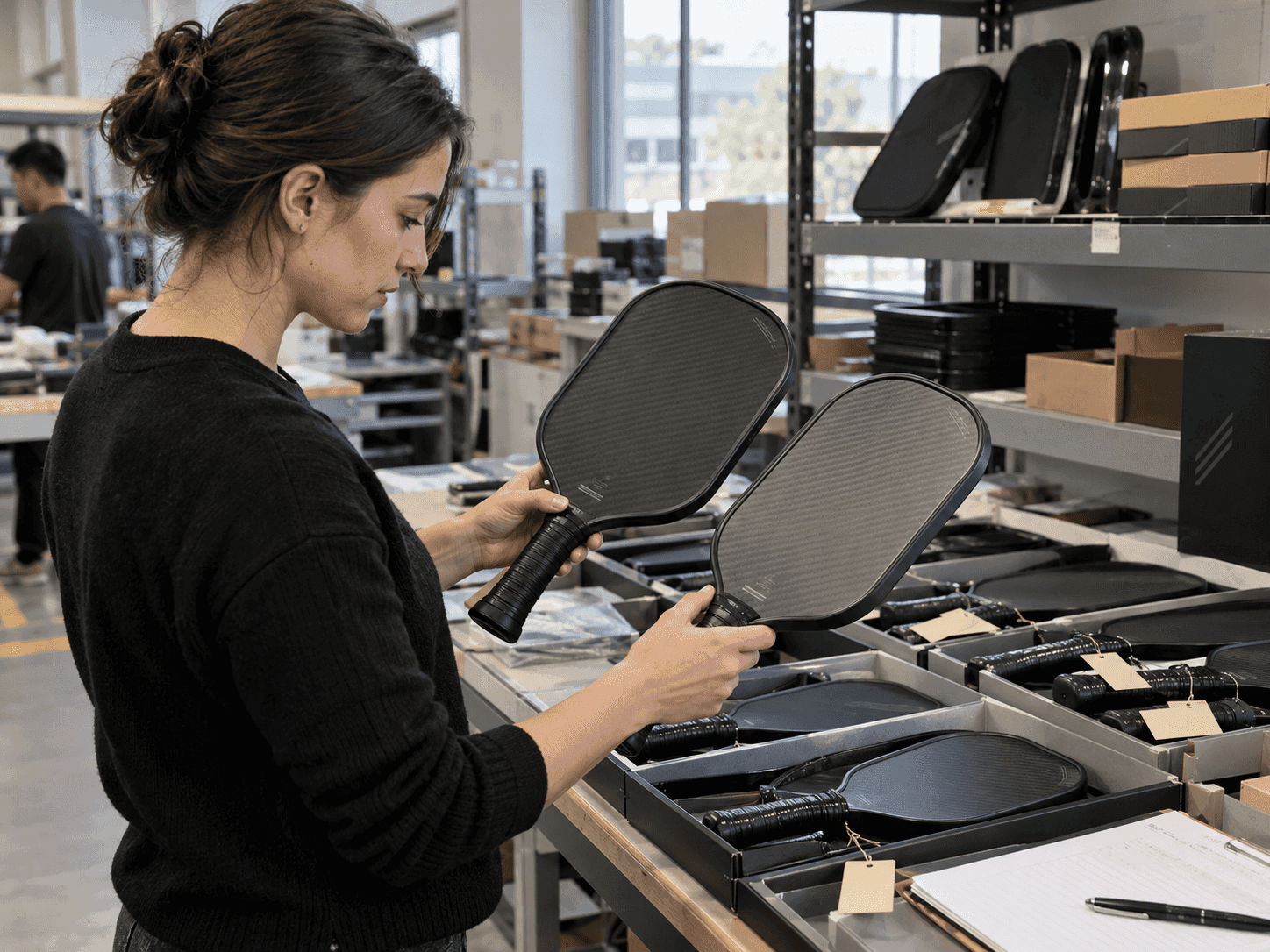 Factory quality inspector measuring carbon fiber pickleball paddle thickness and checking finished paddles for OEM batch consistency