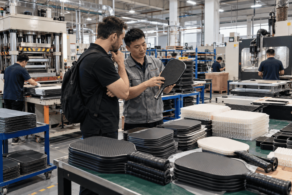 Pickleball paddle supplier factory audit showing carbon fiber manufacturing equipment and an OEM buyer inspecting production capability