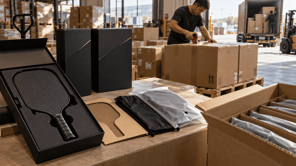 Private Label Pickleball Paddle Packaging and Bulk Logistics Private label carbon fiber pickleball paddle with retail packaging, protective inserts, and export cartons prepared for bulk shipping