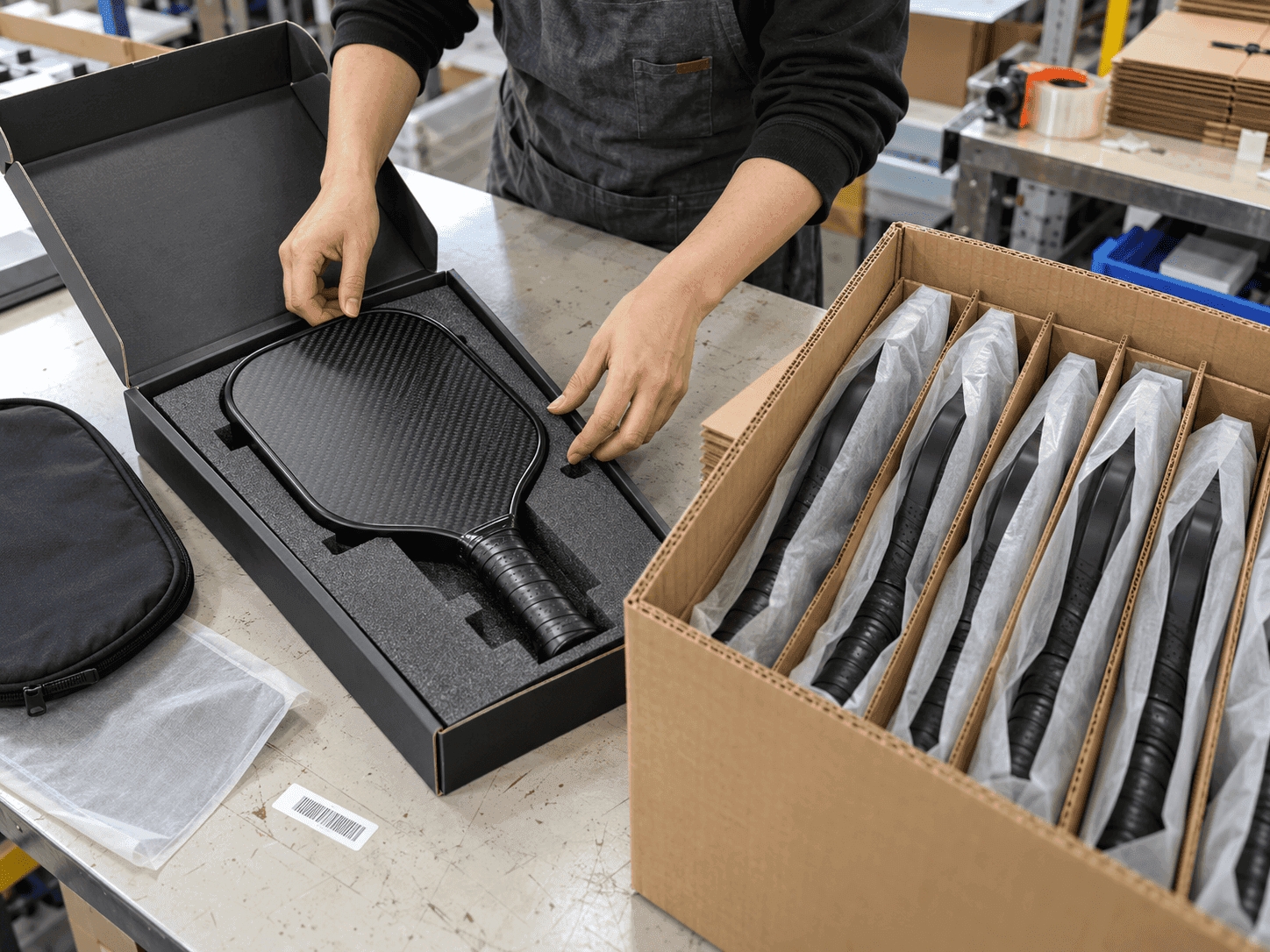Retail-ready boxed pickleball paddle with protective foam insert compared with bulk-shipping paddles packed in sleeves and master cartons