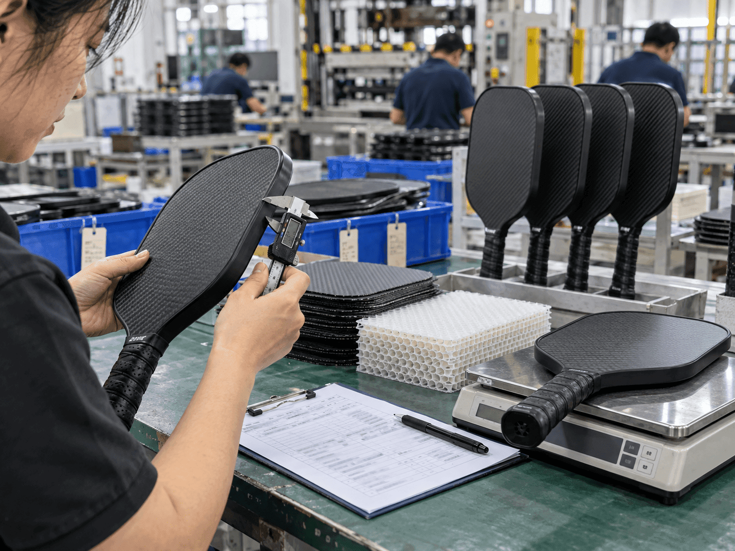 OEM product manager comparing an approved golden sample with pilot production pickleball paddles before bulk manufacturing