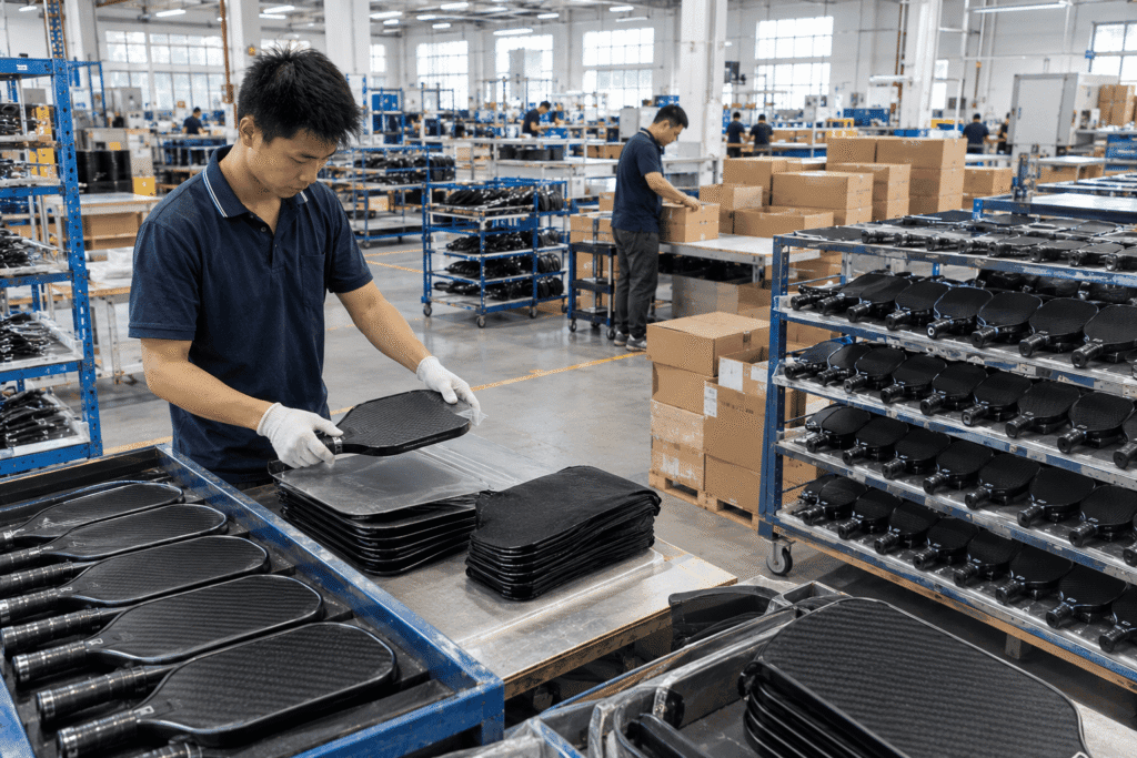 Large batch of carbon fiber pickleball paddles prepared for wholesale orders, illustrating volume production and unit cost efficiency