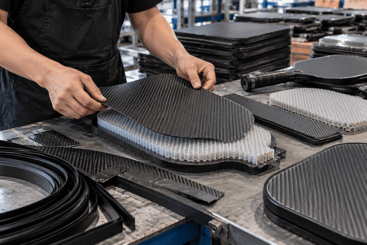 Carbon fiber face sheets, polypropylene honeycomb core, and paddle assembly components showing key wholesale manufacturing material costs