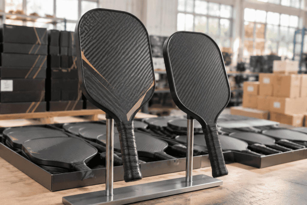 Premium and standard carbon fiber pickleball paddles displayed with organized wholesale inventory for bulk pricing comparison